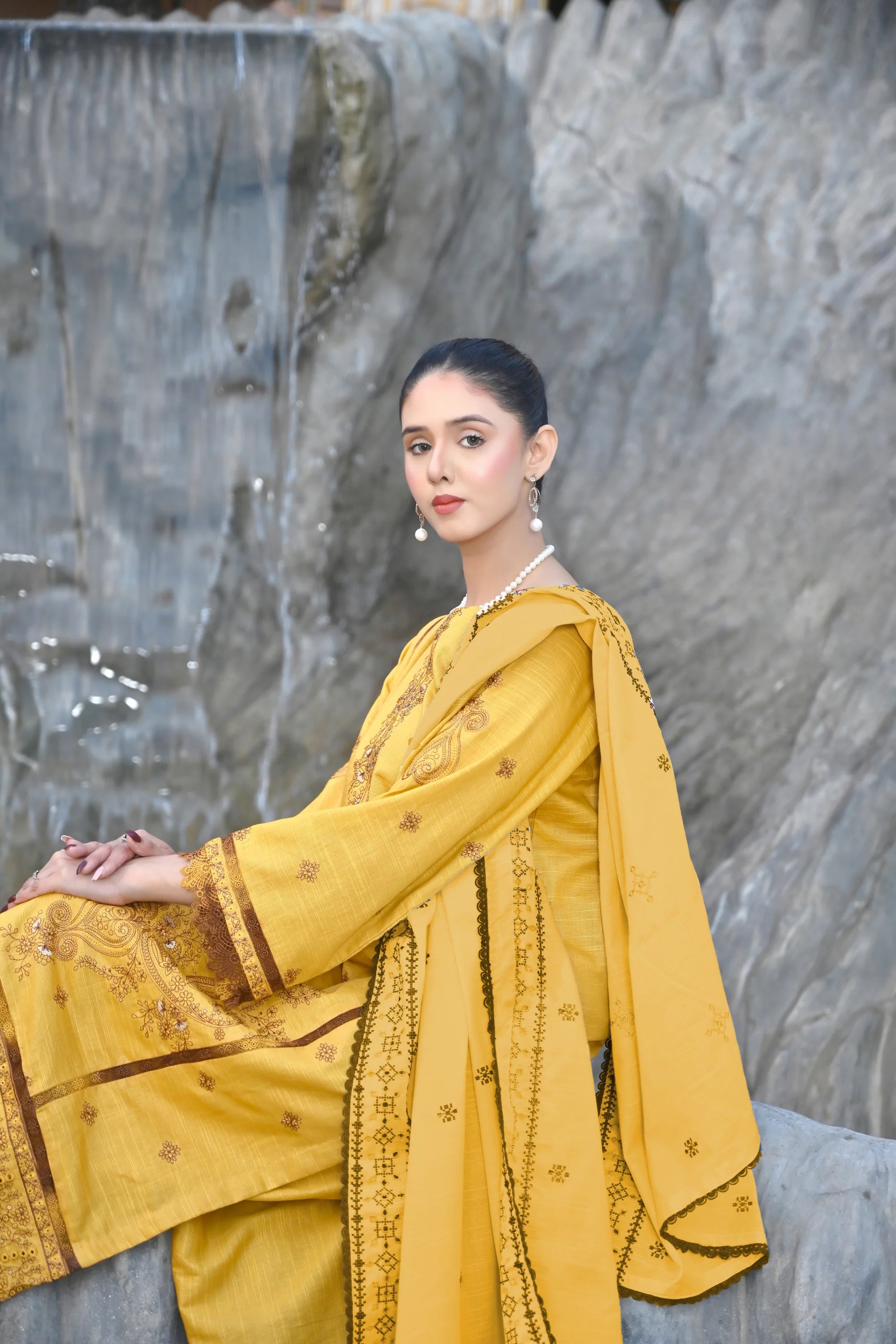 Golden Marigold 2-Piece Embroidered Khaddar Suit