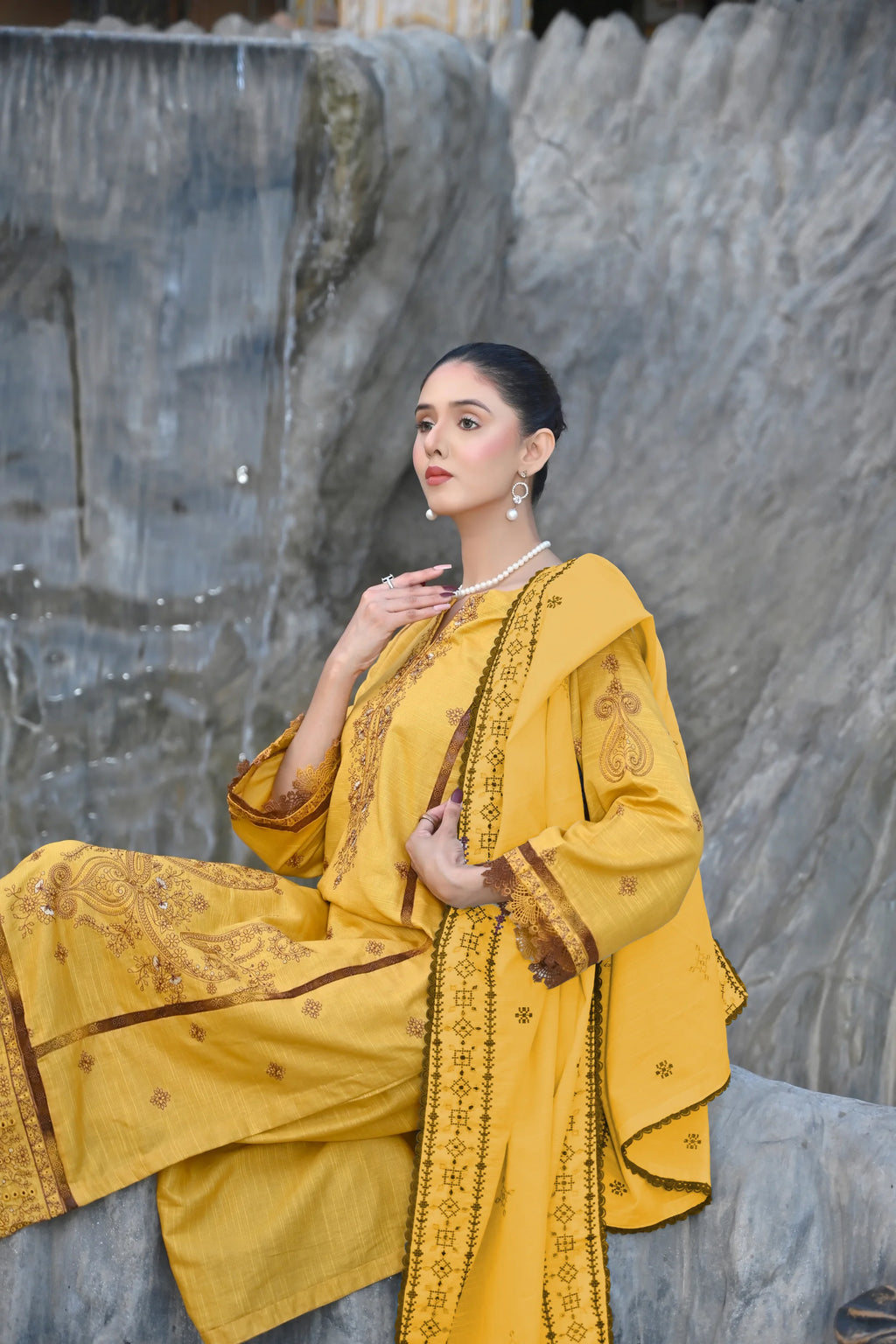 Golden Marigold 2-Piece Embroidered Khaddar Suit