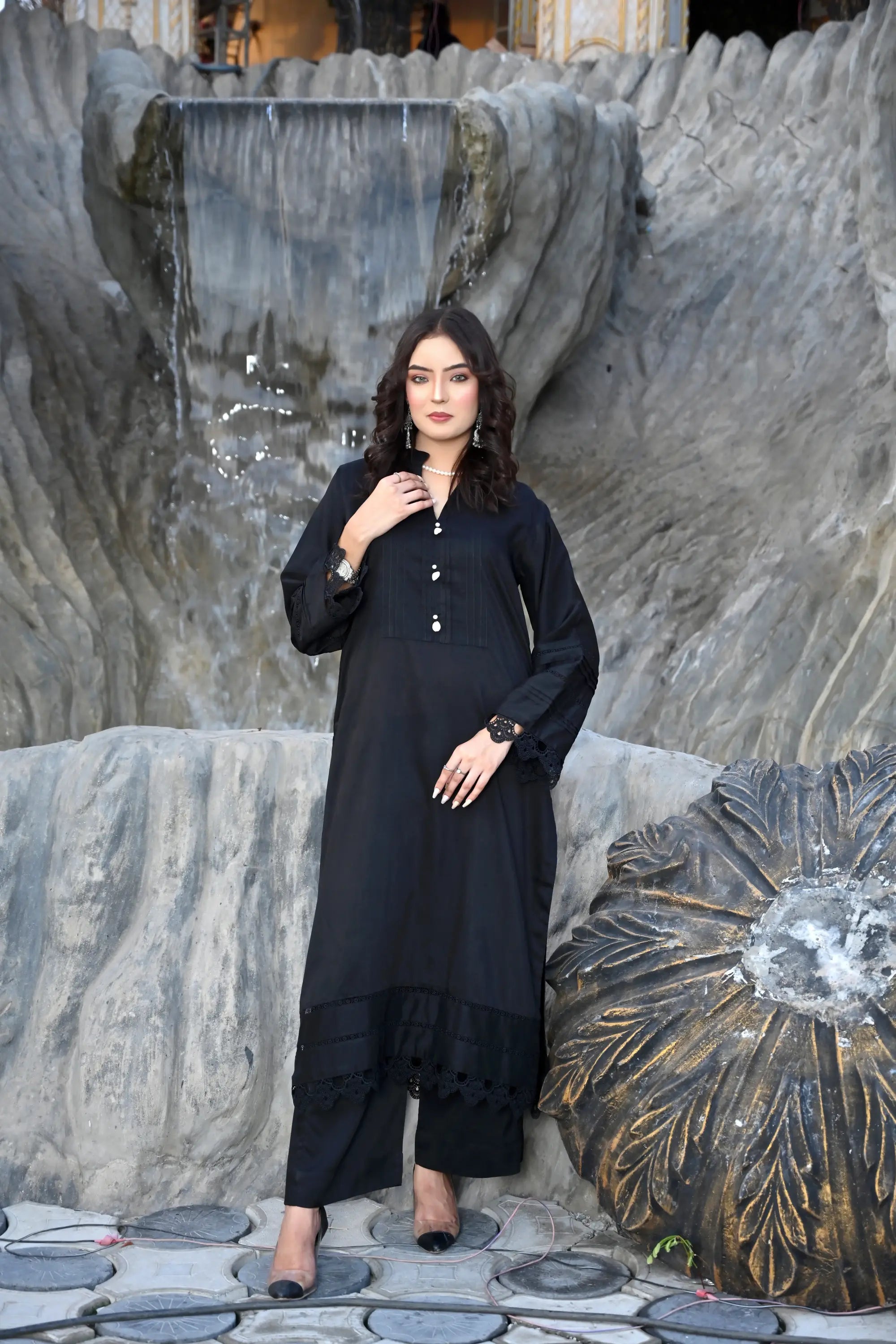 Noir Elegance - Classic Black Kurta & Trouser Set with Lace Detailing