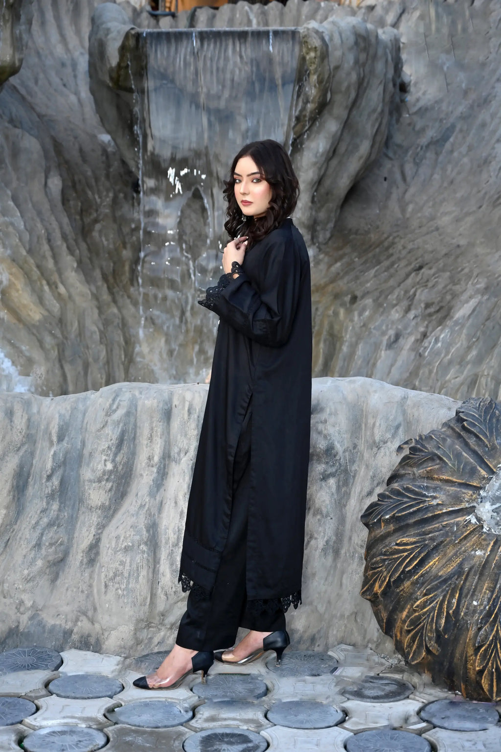 Noir Elegance - Classic Black Kurta & Trouser Set with Lace Detailing