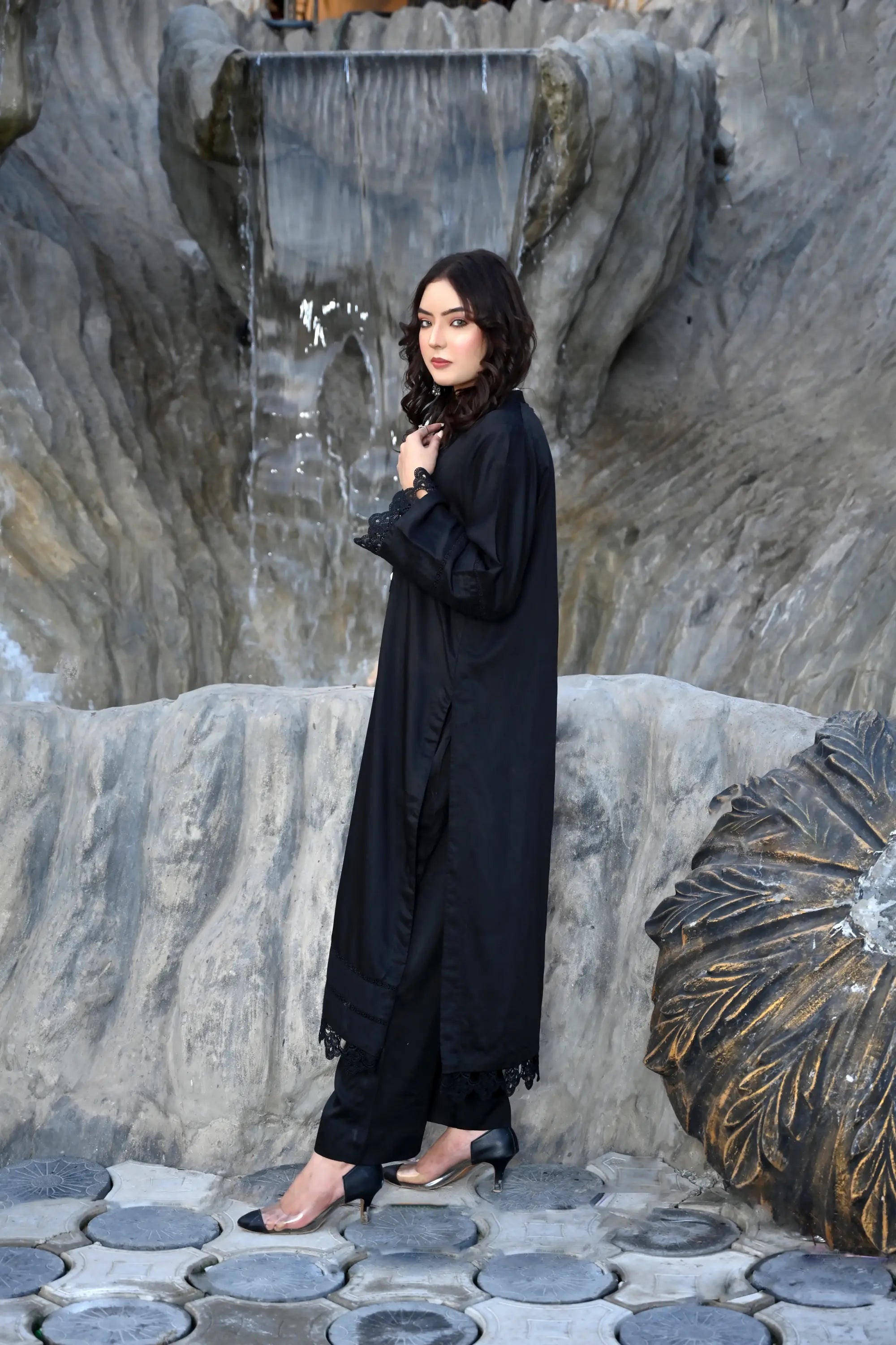 Noir Elegance - Classic Black Kurta & Trouser Set with Lace Detailing