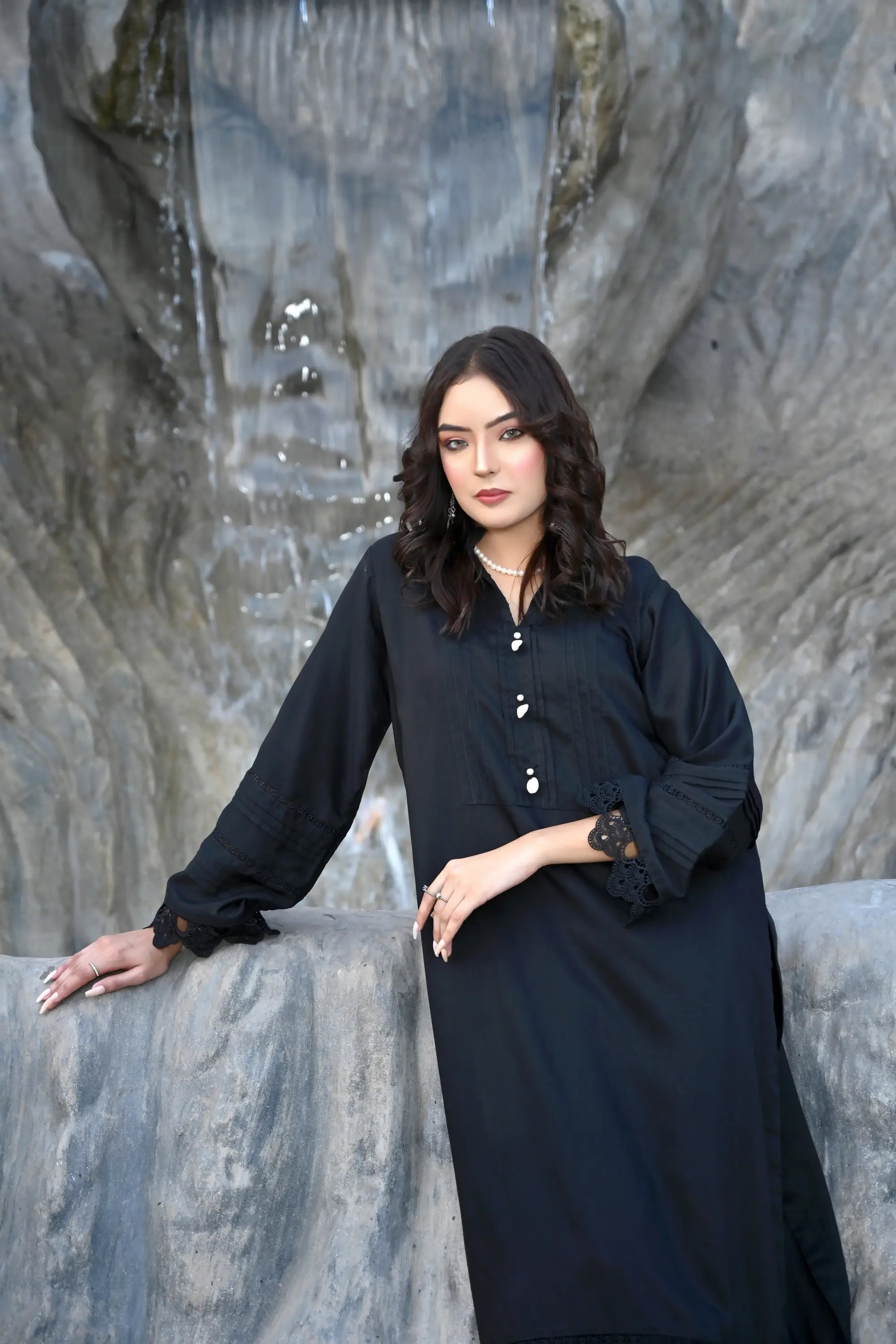 Noir Elegance - Classic Black Kurta & Trouser Set with Lace Detailing