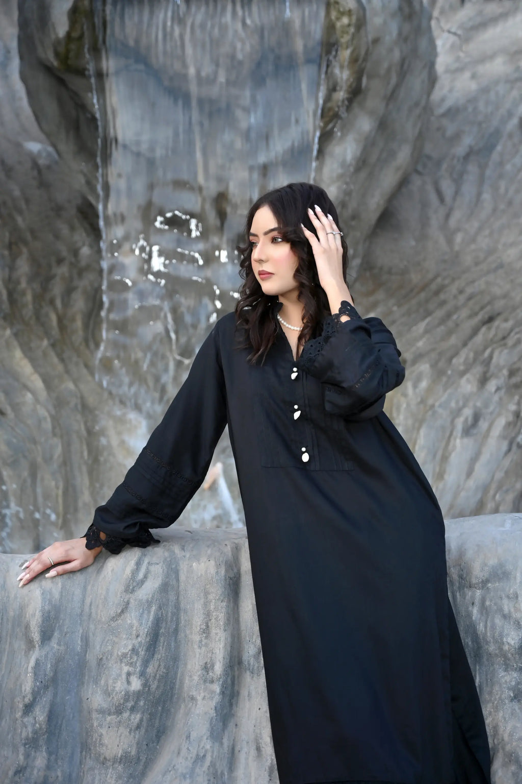 Noir Elegance - Classic Black Kurta & Trouser Set with Lace Detailing