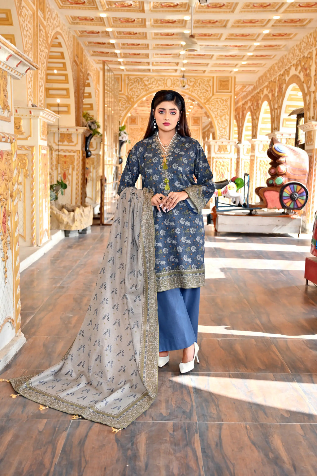 Dusty Blue 3-Piece Masoori Khaddar Co-Ord set