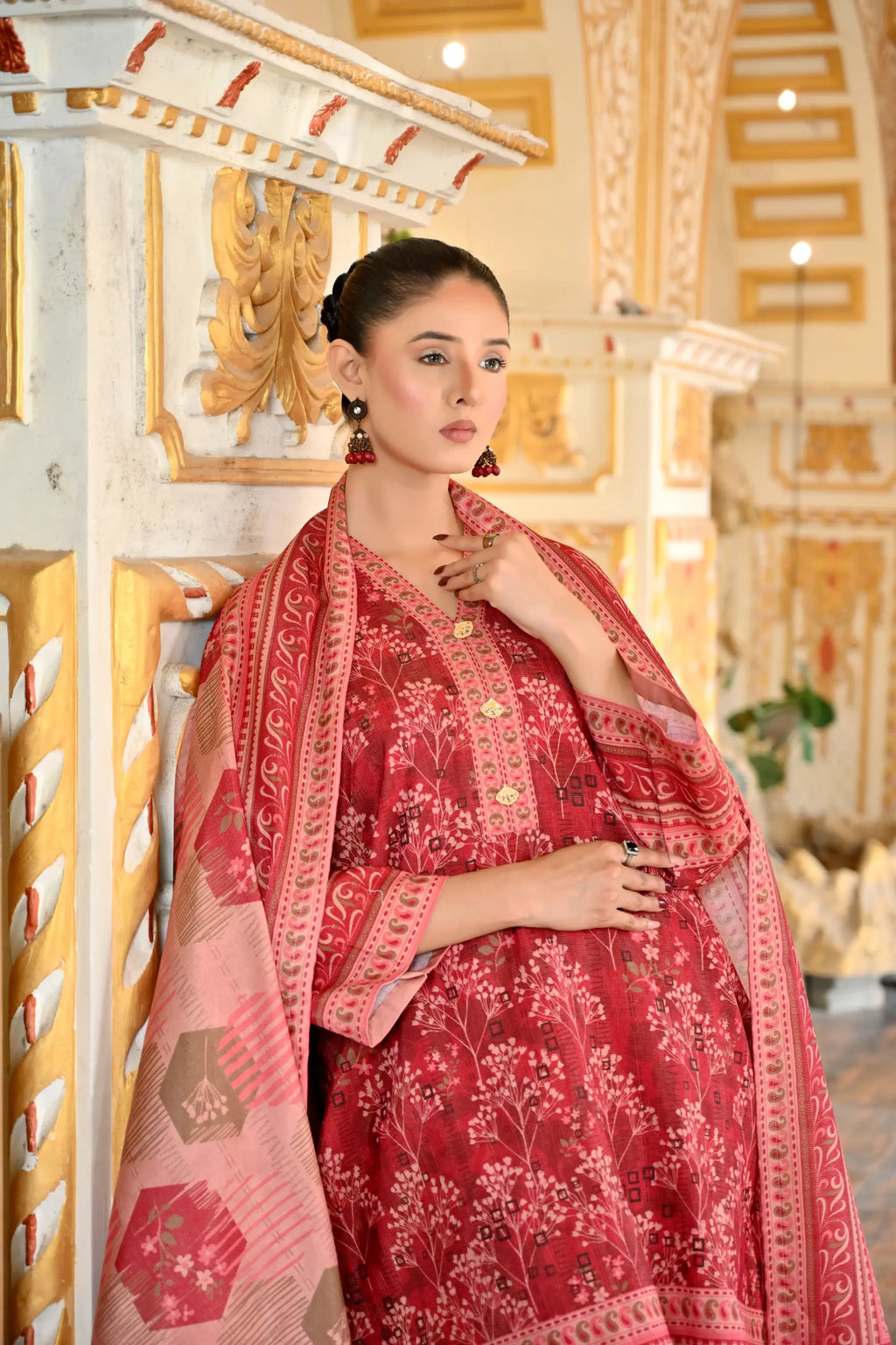 Rosewood Bloom 3-Piece Masoori Khaddar Co-Ord set