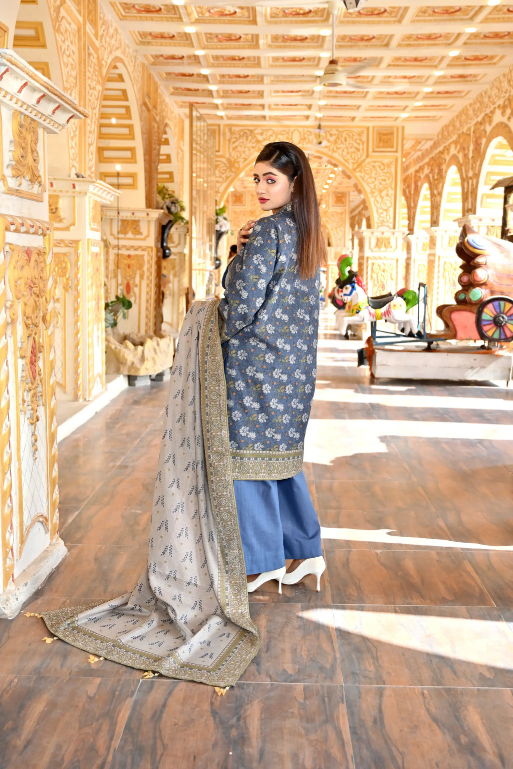 Dusty Blue 3-Piece Masoori Khaddar Co-Ord set