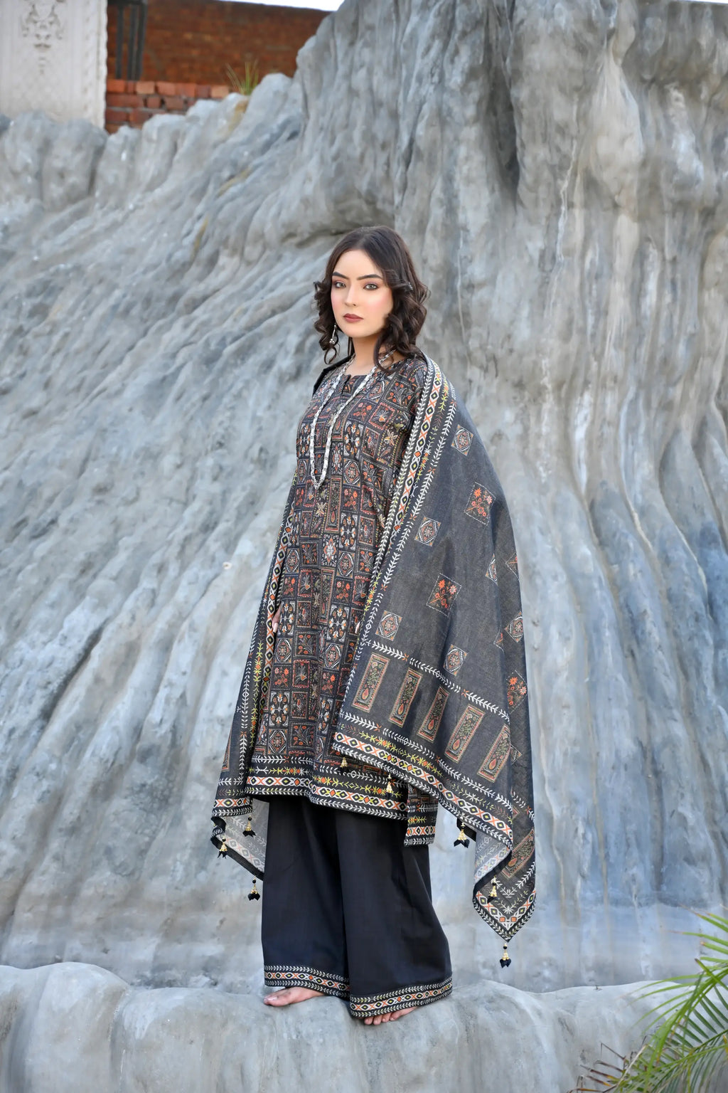 Tribal Black 3-Piece Masoori Khaddar Co-Ord set