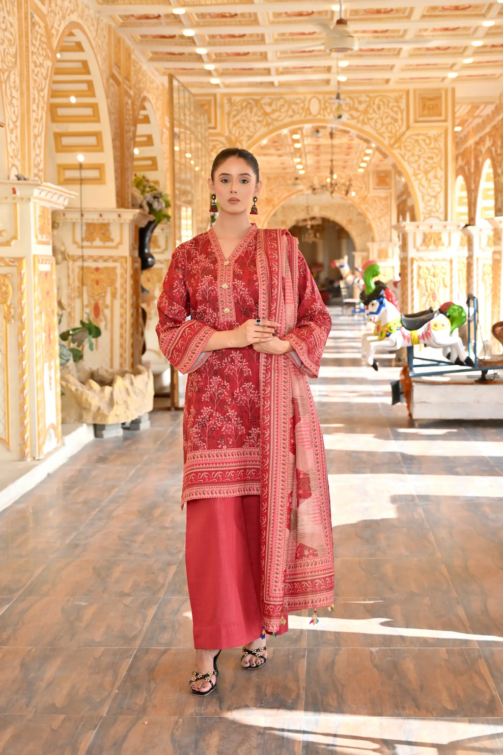 Rosewood Bloom 3-Piece Masoori Khaddar Co-Ord set