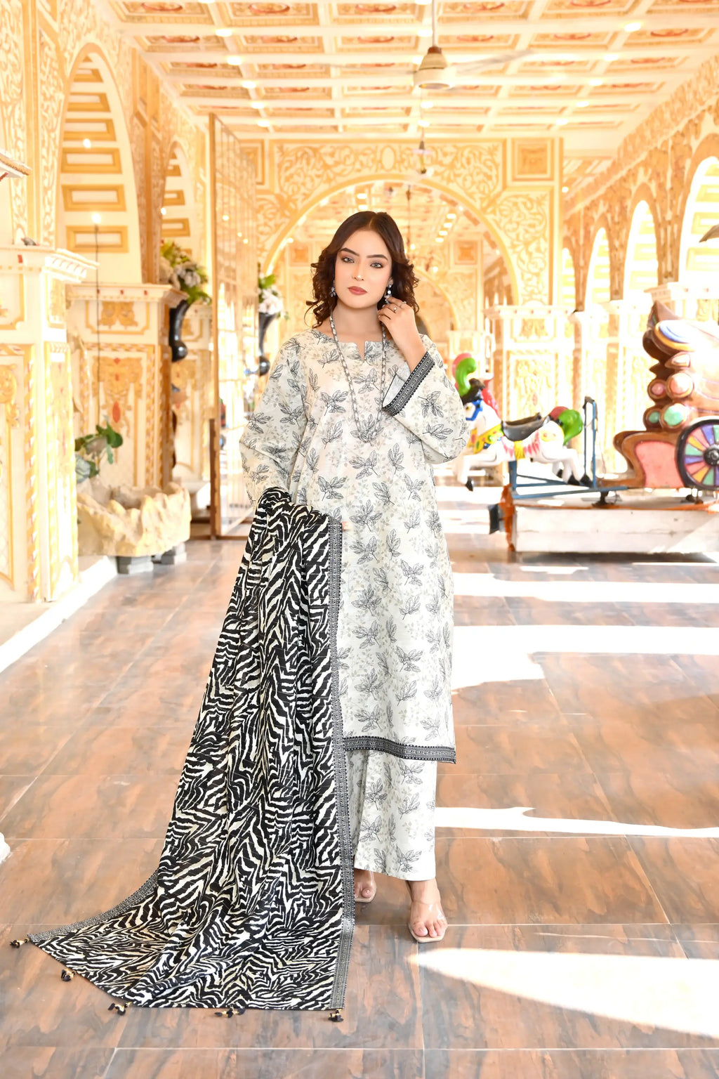 Monochrome Leaf 3- Piece Printed Khaddar Suit