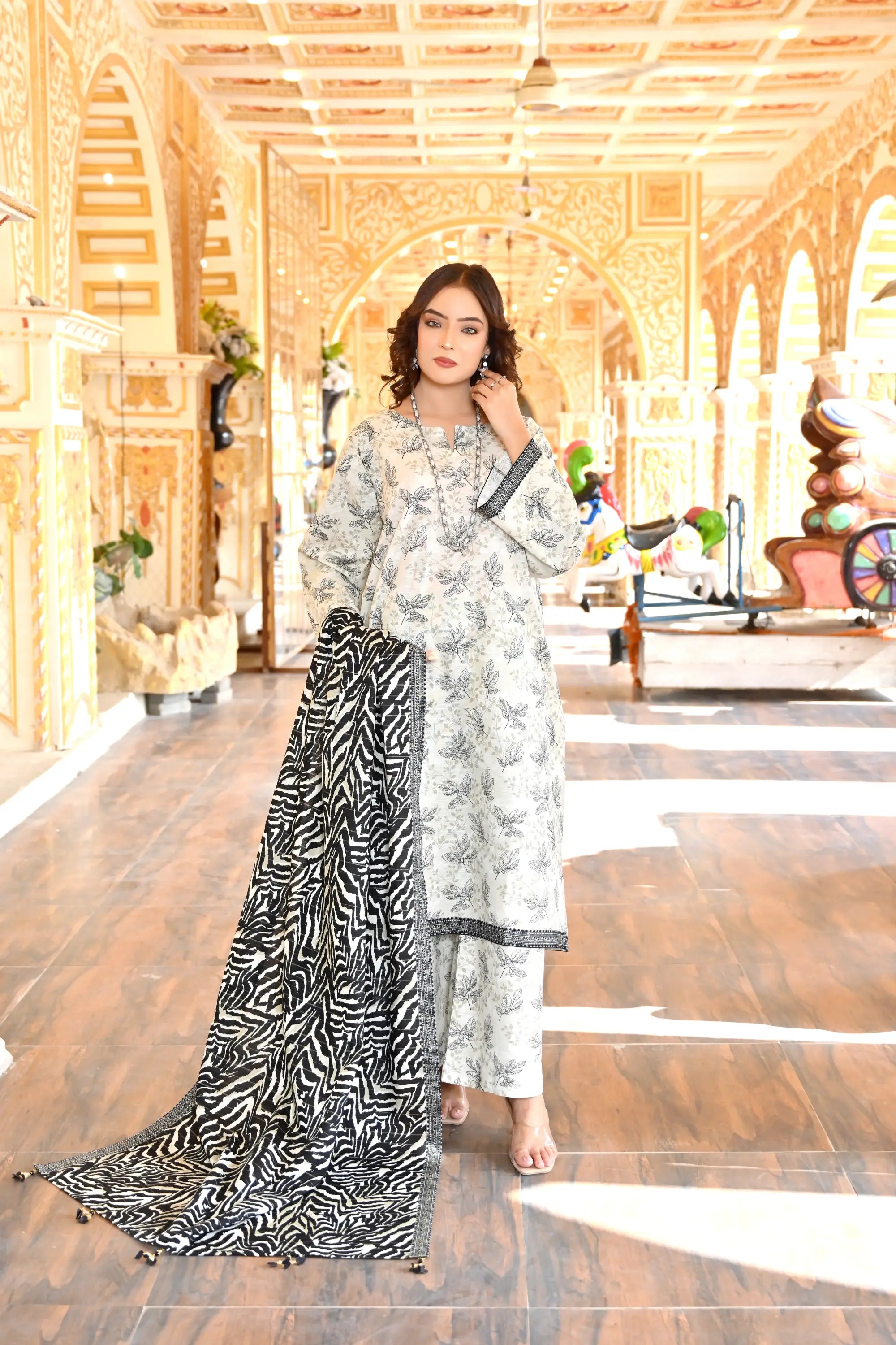 Monochrome Leaf 3- Piece Printed Khaddar Suit