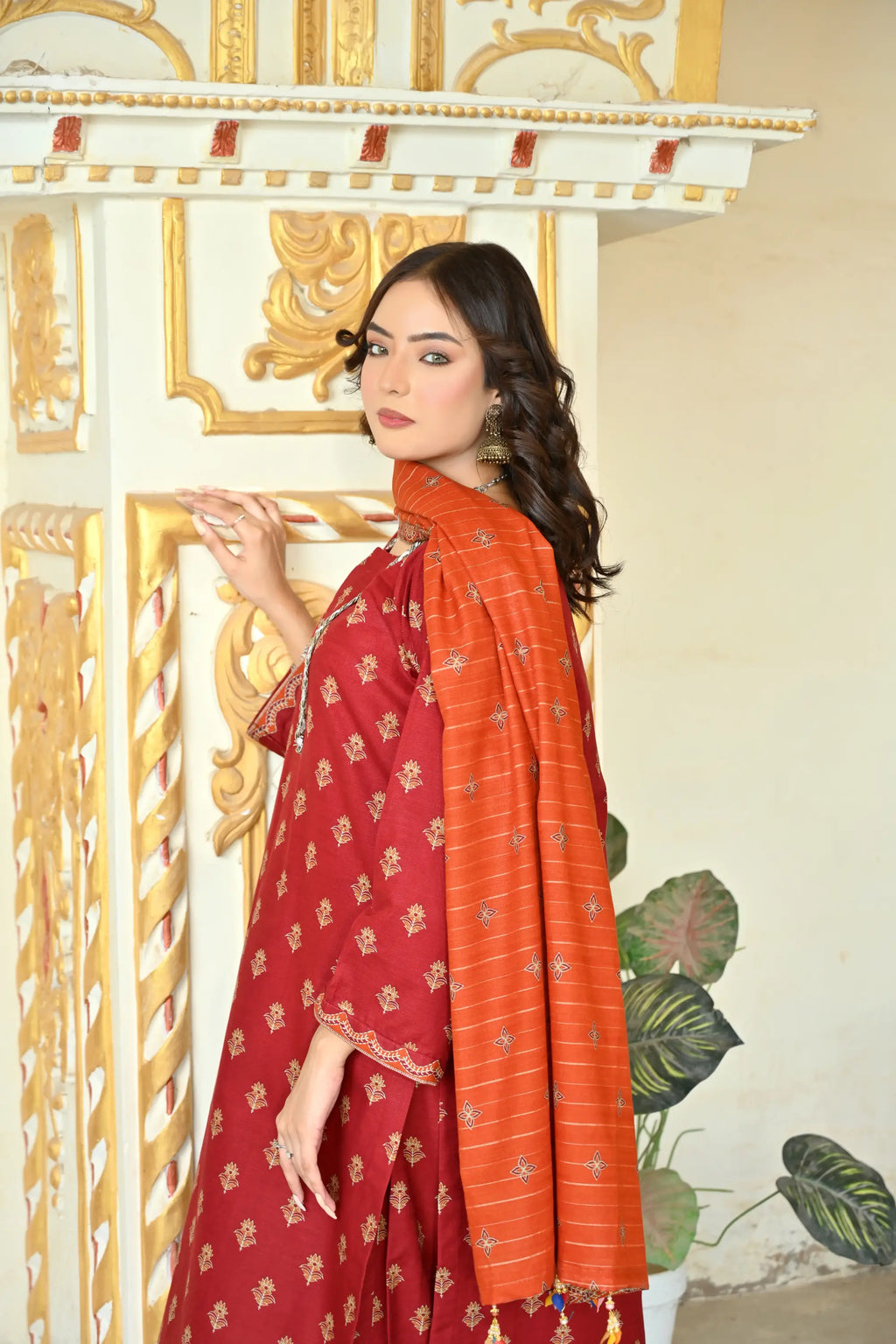 Rust Orange 3- Piece Printed Khaddar Suit