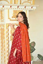 Rust Orange 3- Piece Printed Khaddar Suit