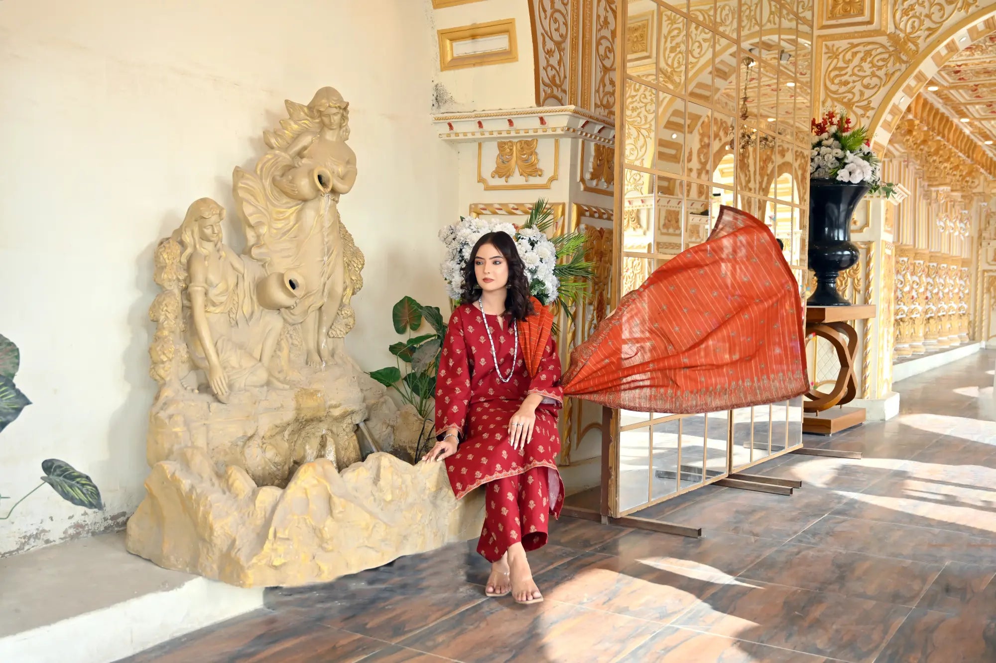 Rust Orange 3- Piece Printed Khaddar Suit