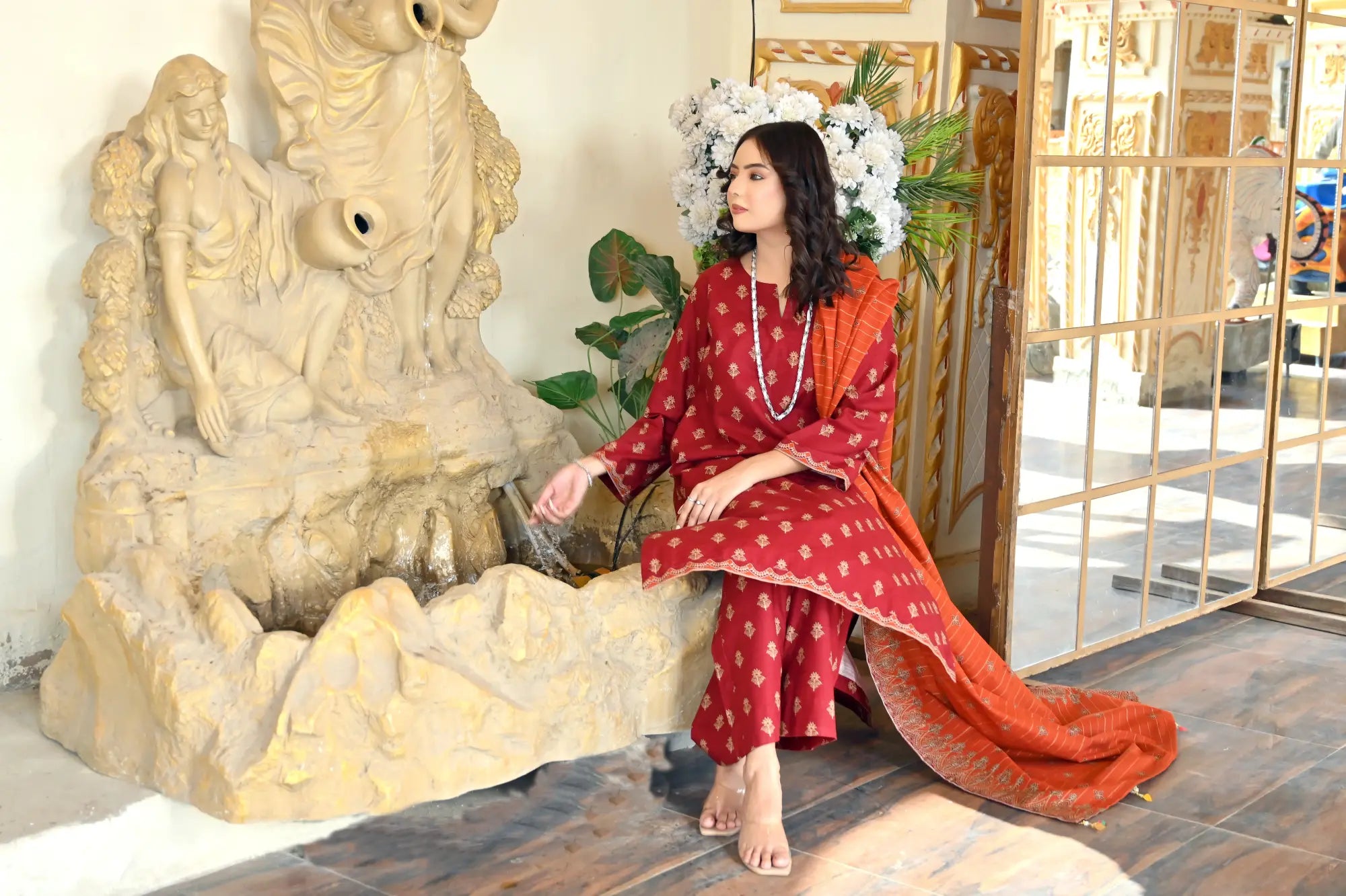 Rust Orange 3- Piece Printed Khaddar Suit