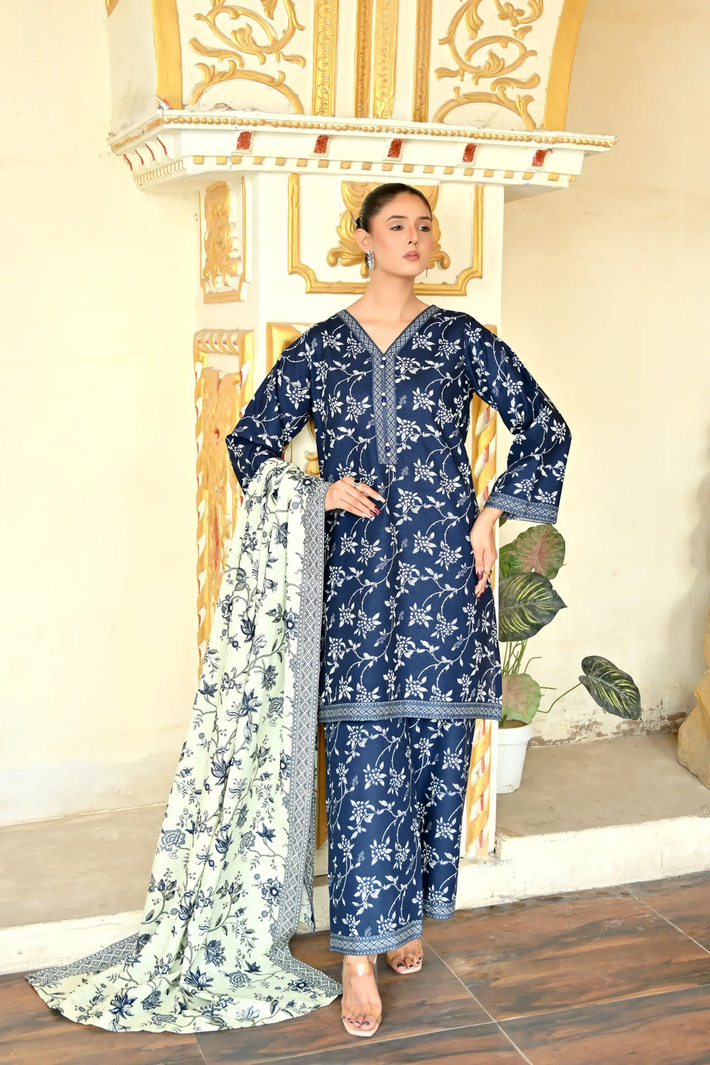Prussian Blue  3- Piece Printed Khaddar Co-Ord set