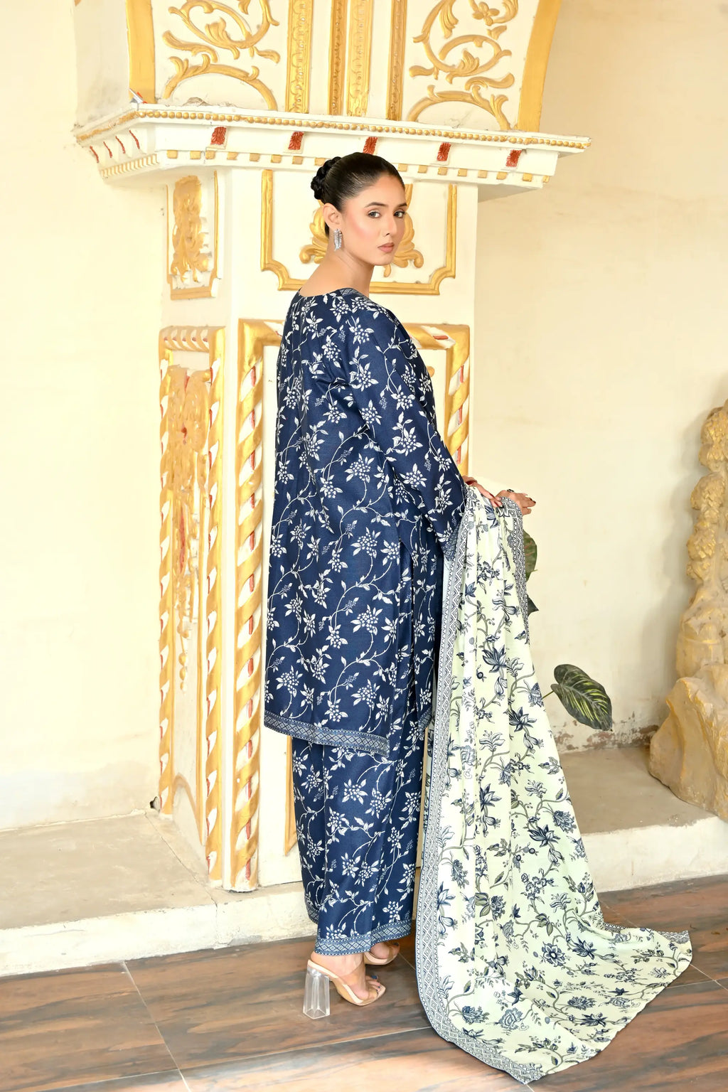 Prussian Blue  3- Piece Printed Khaddar Co-Ord set