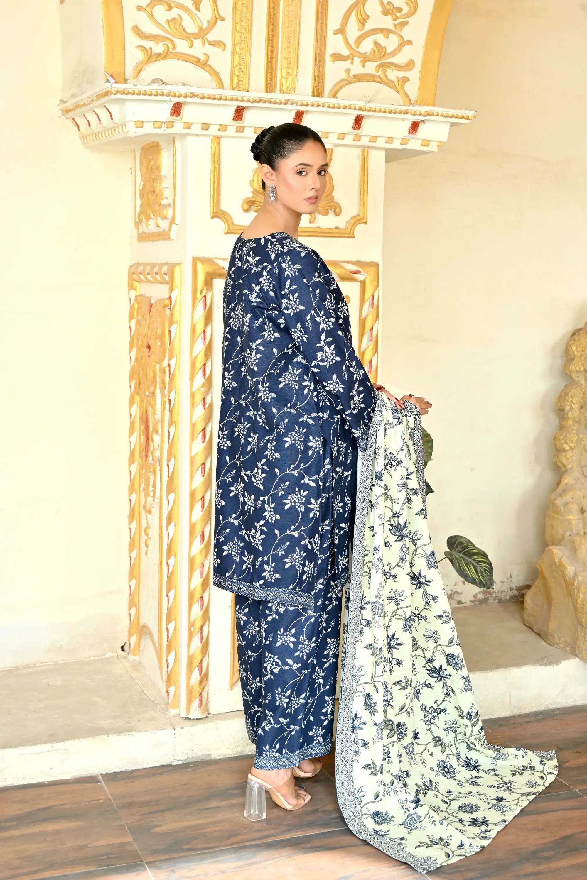 Prussian Blue  3- Piece Printed Khaddar Co-Ord set