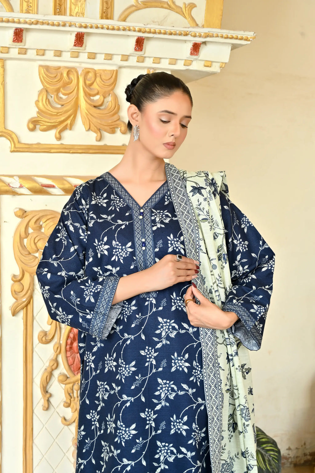 Prussian Blue  3- Piece Printed Khaddar Co-Ord set