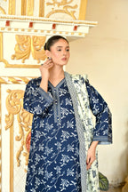 Prussian Blue  3- Piece Printed Khaddar Co-Ord set