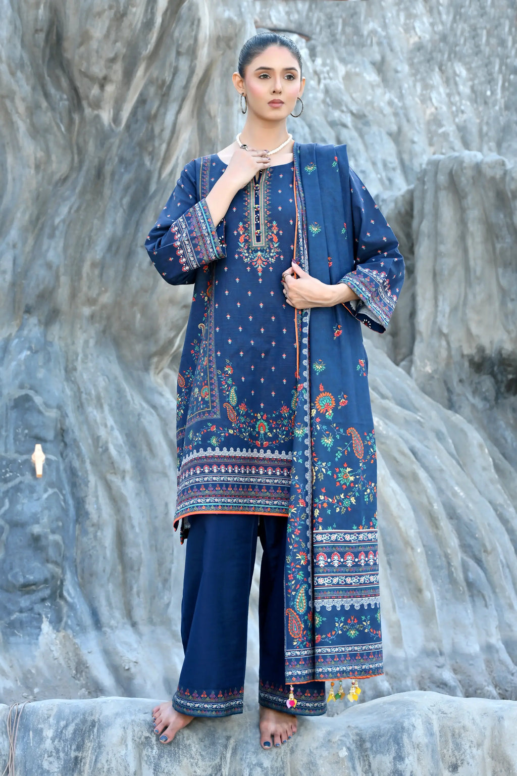 Royal Blue 3- Piece Printed Khaddar Co-Ord set