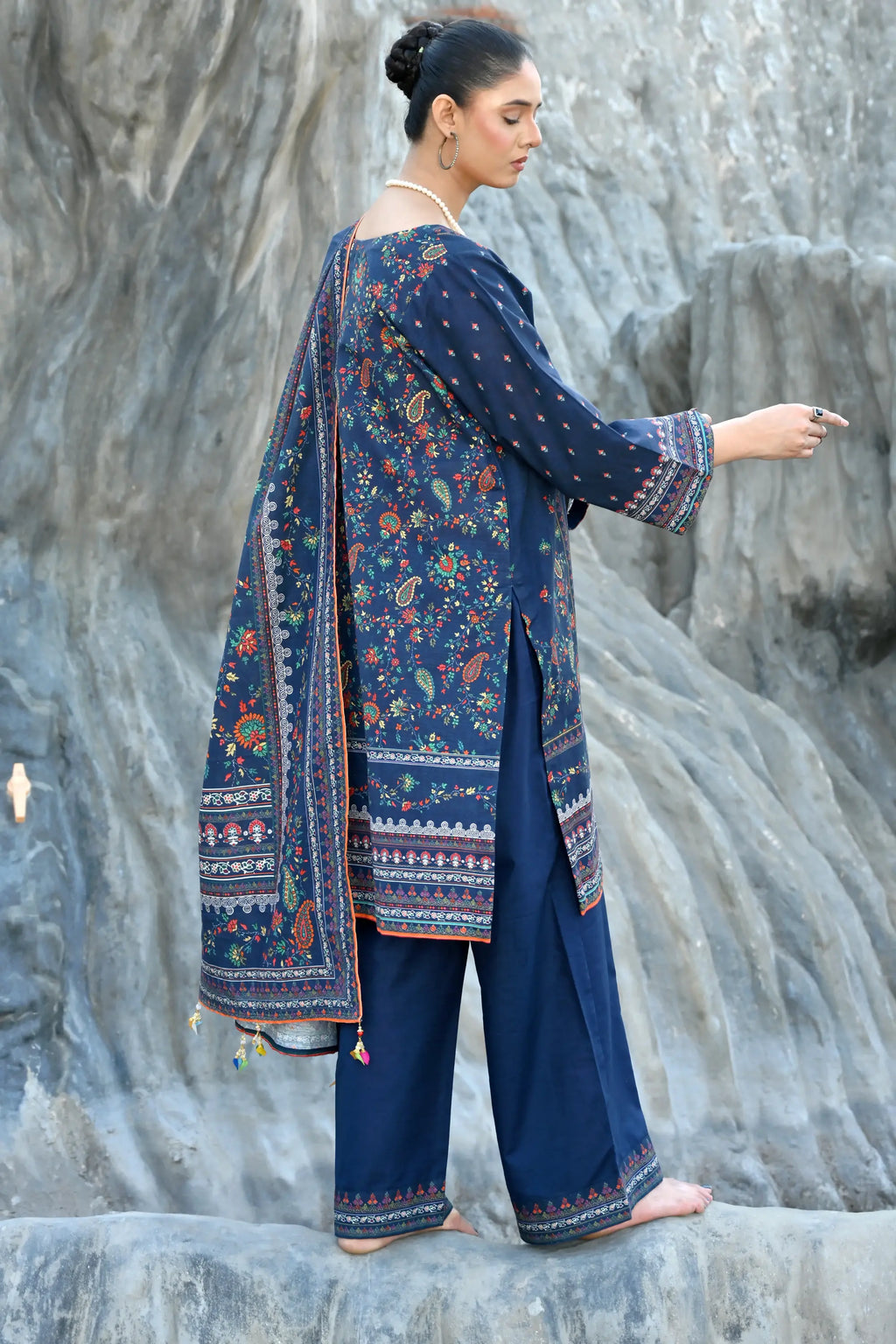 Royal Blue 3- Piece Printed Khaddar Co-Ord set