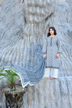 White Base Blue Floral 3- Piece Printed Khaddar Suit