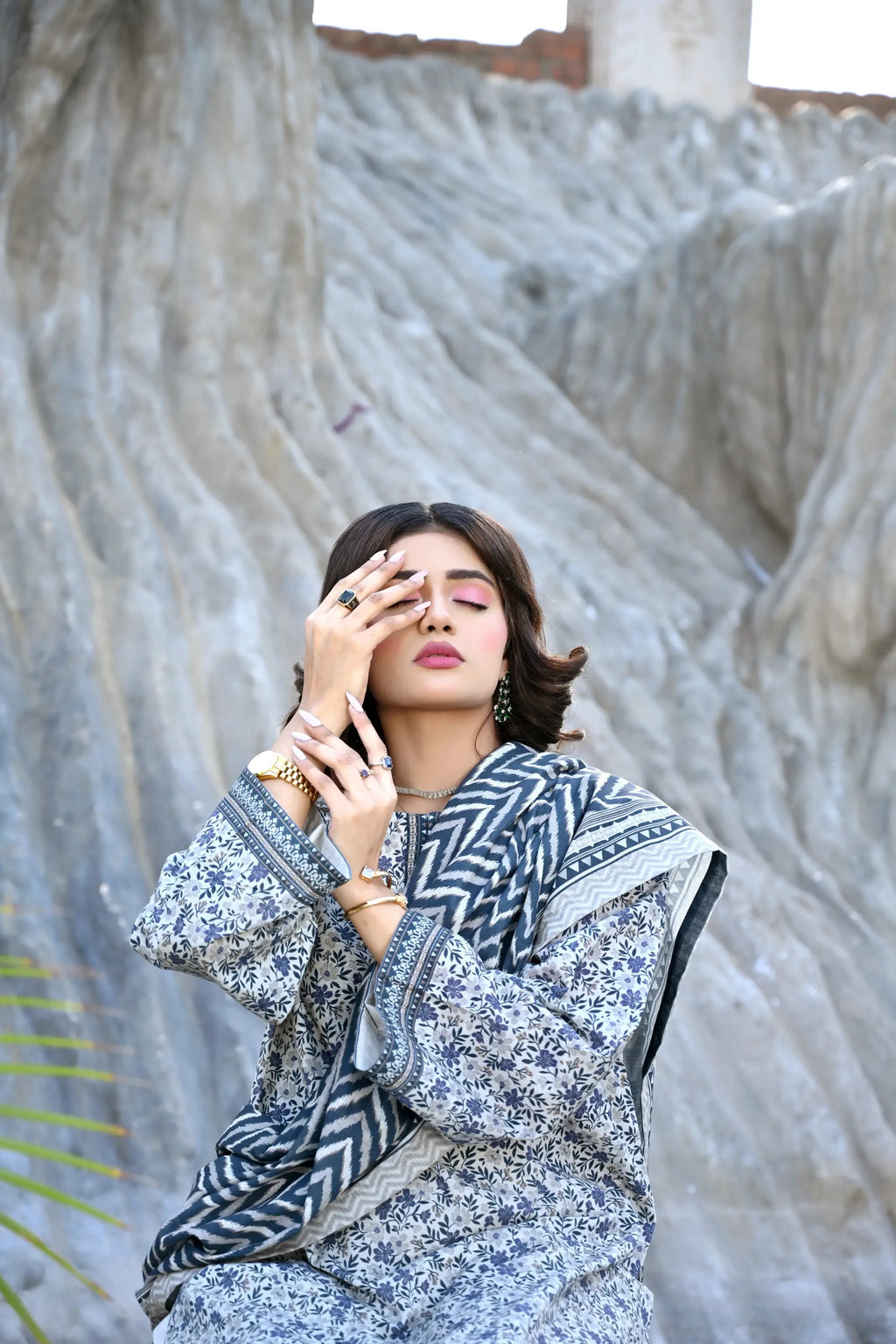 White Base Blue Floral 3- Piece Printed Khaddar Suit