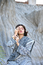 White Base Blue Floral 3- Piece Printed Khaddar Suit