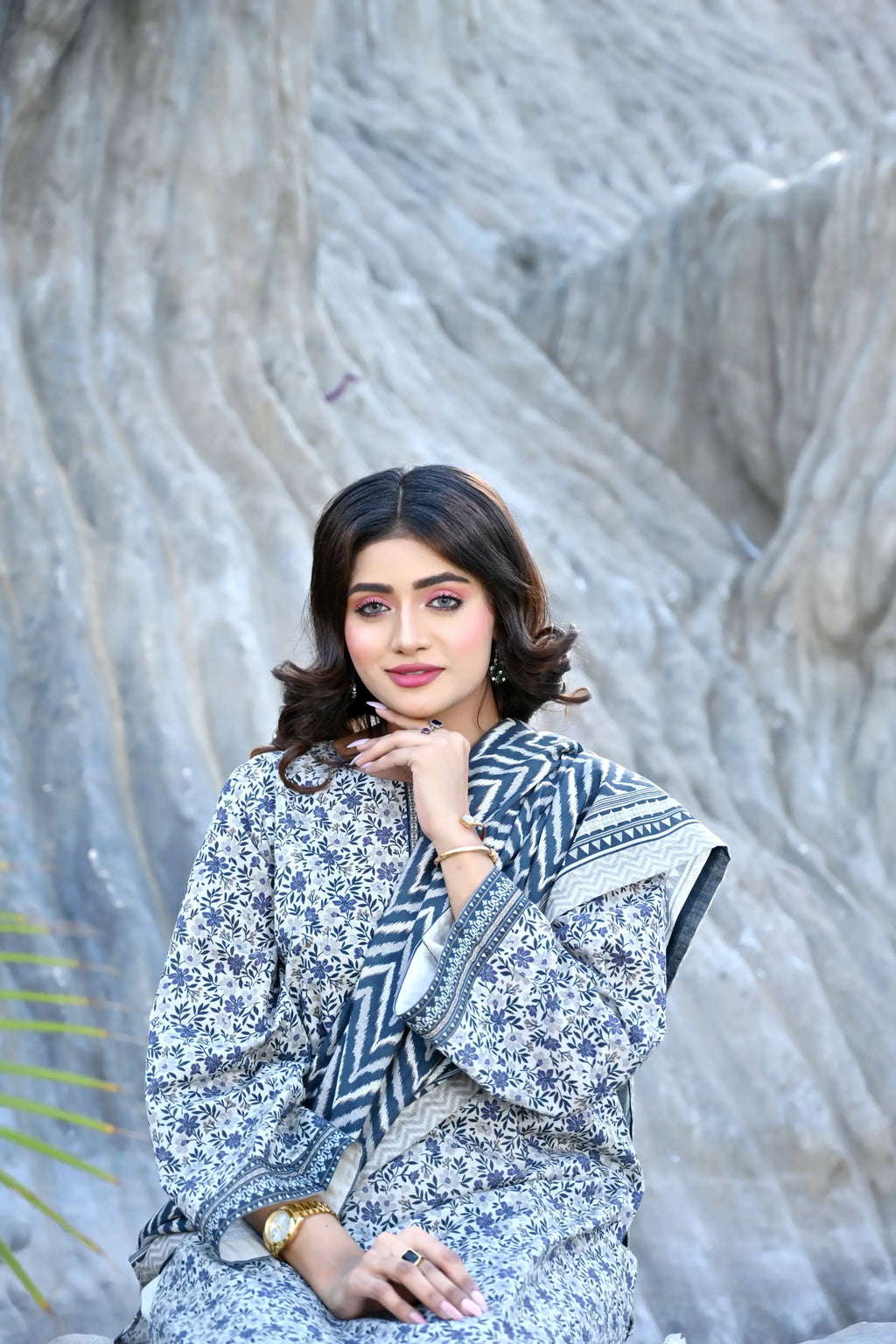 White Base Blue Floral 3- Piece Printed Khaddar Suit