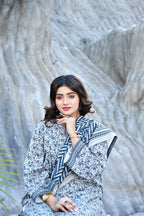 White Base Blue Floral 3- Piece Printed Khaddar Suit