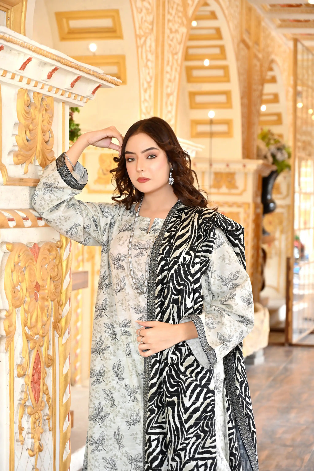 Monochrome Leaf 3- Piece Printed Khaddar Suit
