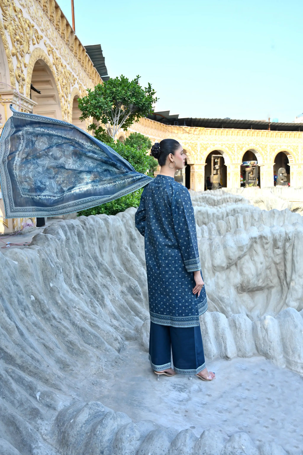 Deep Blue Monotone 3- Piece Printed Khaddar Suit