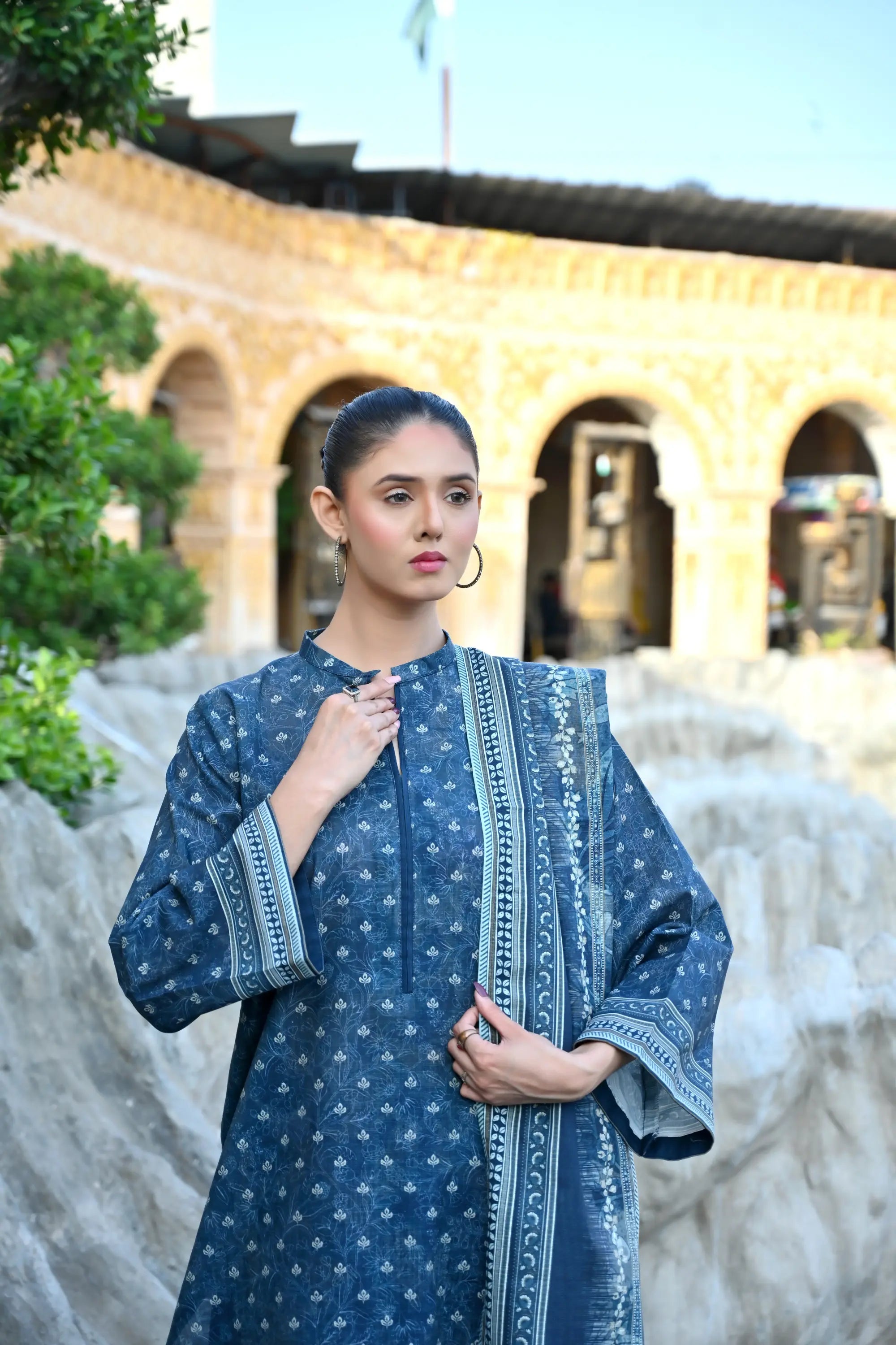 Deep Blue Monotone 3- Piece Printed Khaddar Suit