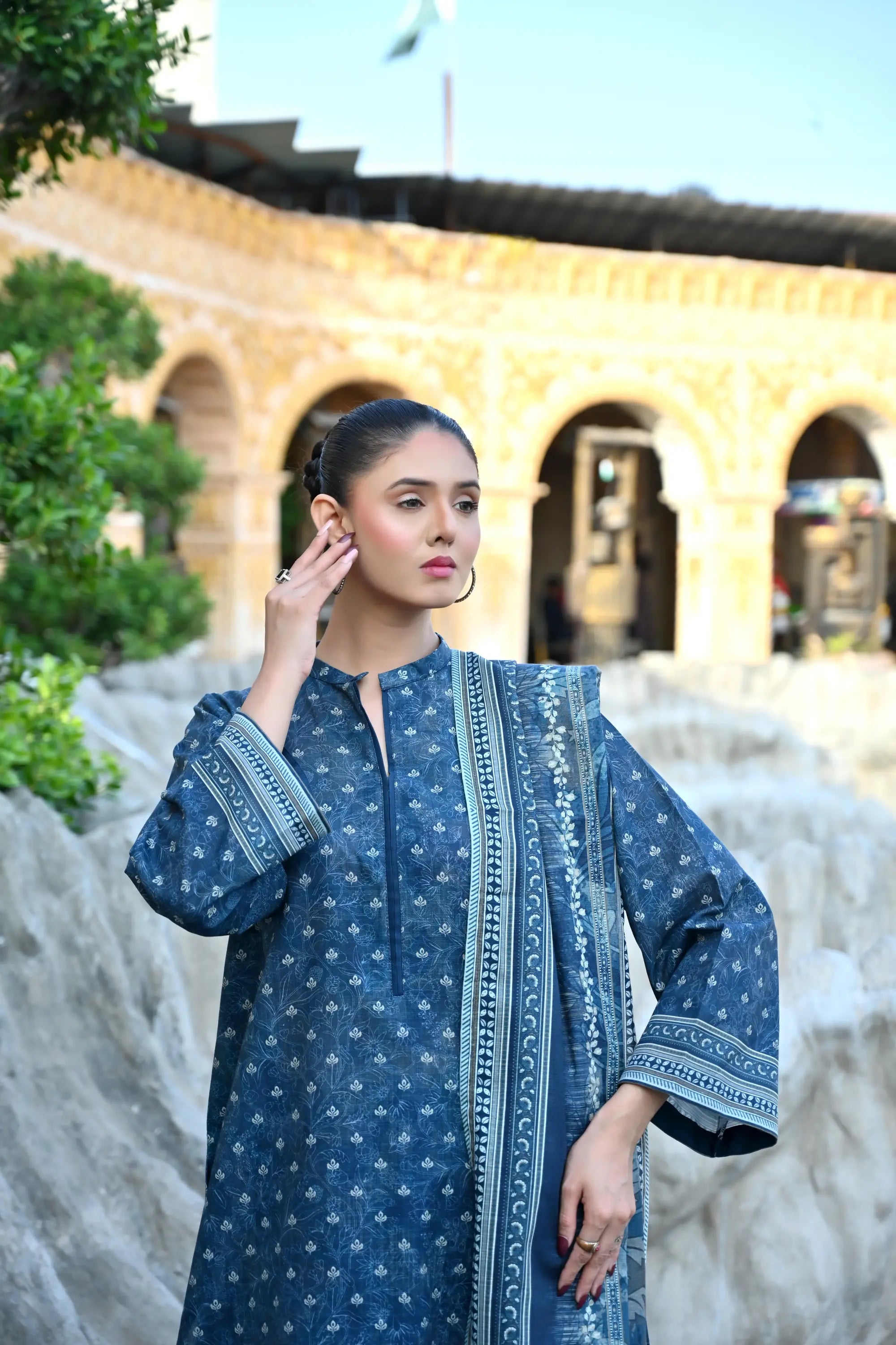 Deep Blue Monotone 3- Piece Printed Khaddar Suit