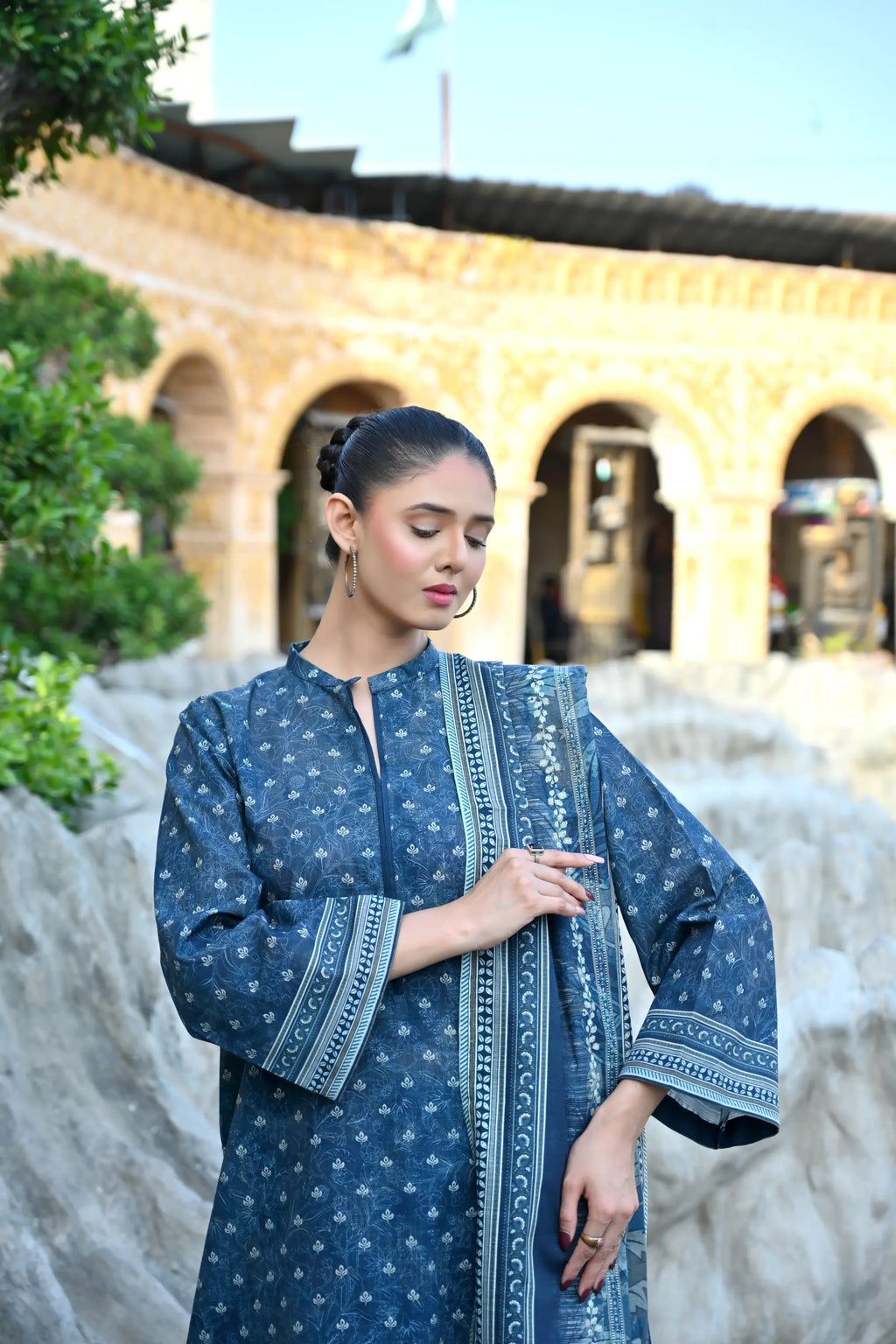 Deep Blue Monotone 3- Piece Printed Khaddar Suit