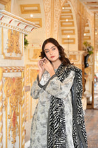 Monochrome Leaf 3- Piece Printed Khaddar Suit