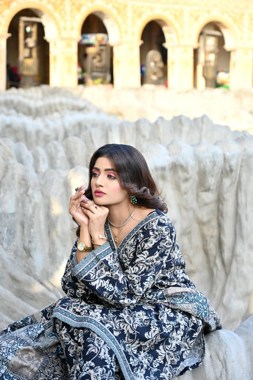 Midnight Floral 3- Piece Printed Khaddar Co-Ord set