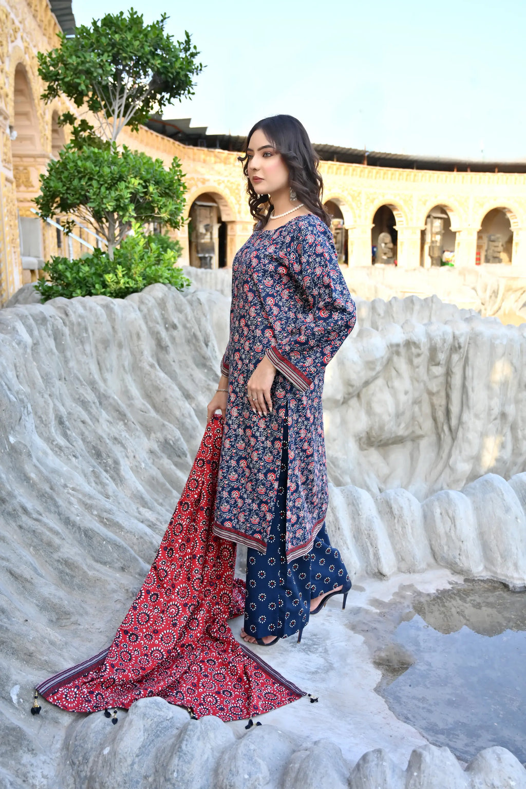 Indigo Bloom 3- Piece Printed Khaddar Suit
