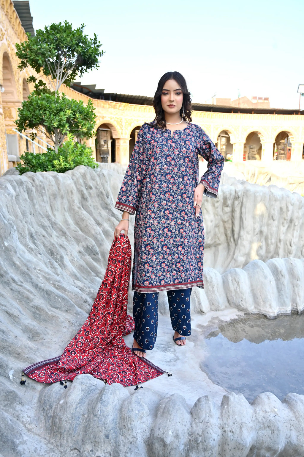 Indigo Bloom 3- Piece Printed Khaddar Suit