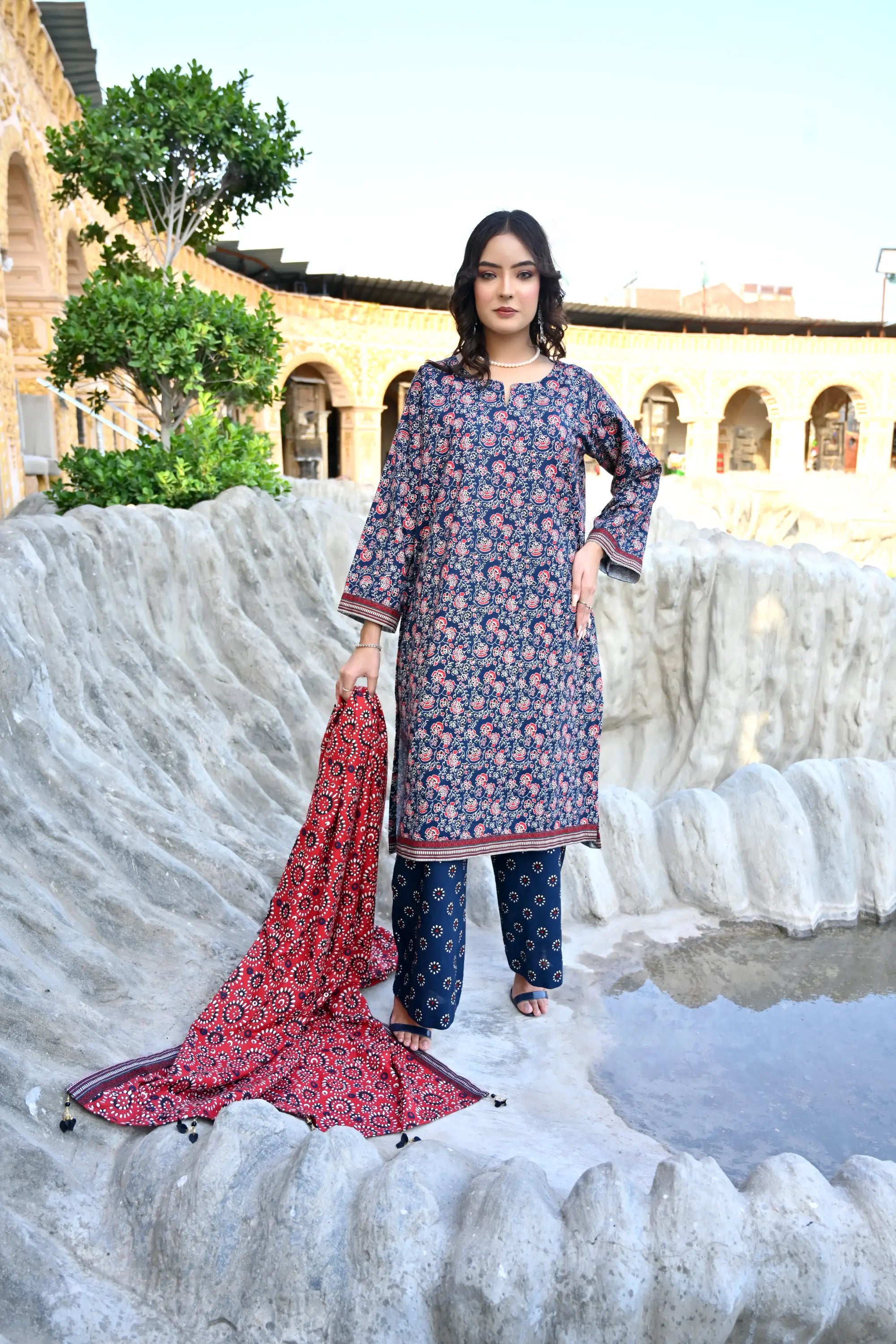Indigo Bloom 3- Piece Printed Khaddar Suit