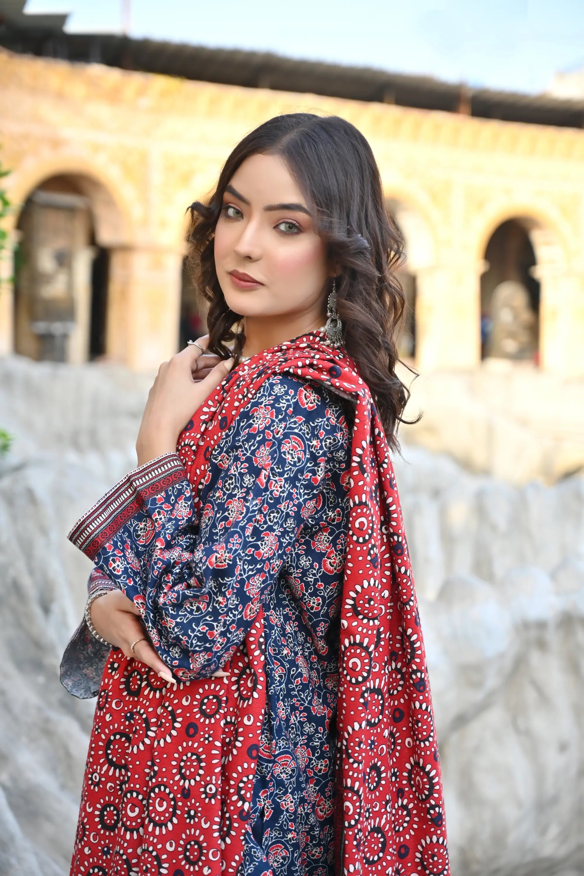 Indigo Bloom 3- Piece Printed Khaddar Suit