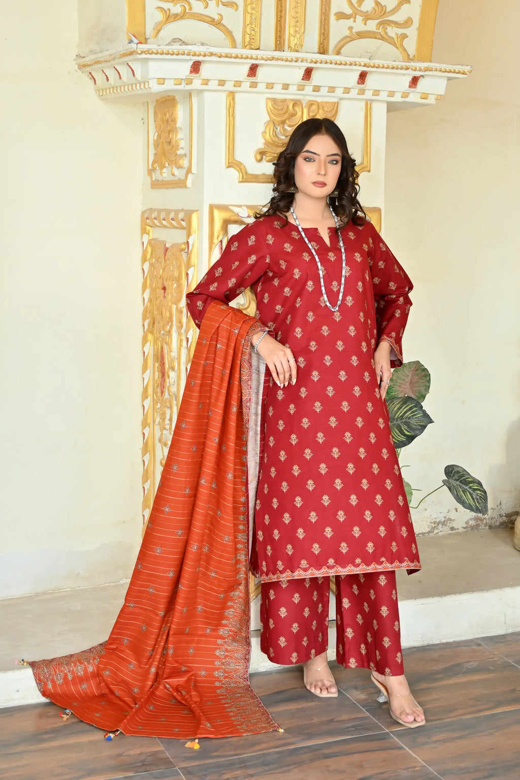 Rust Orange 3- Piece Printed Khaddar Suit