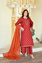 Rust Orange 3- Piece Printed Khaddar Suit