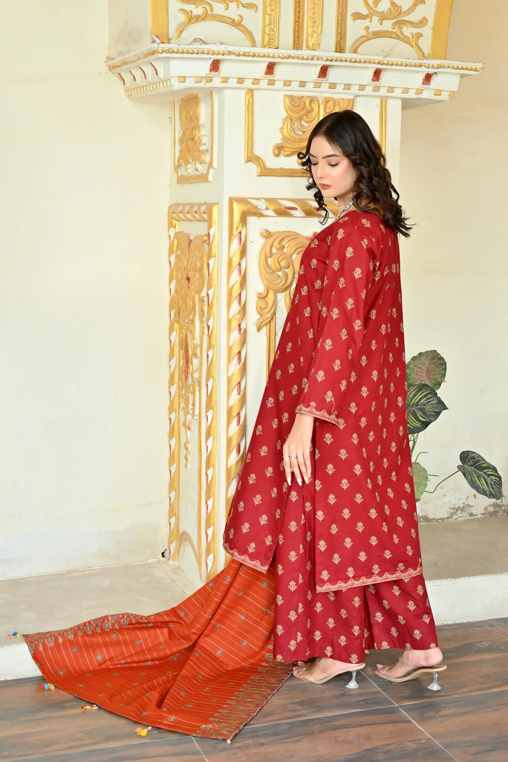 Rust Orange 3- Piece Printed Khaddar Suit