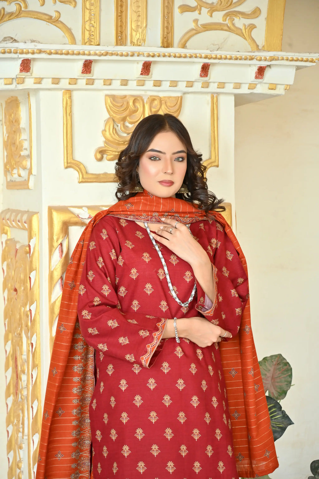 Rust Orange 3- Piece Printed Khaddar Suit